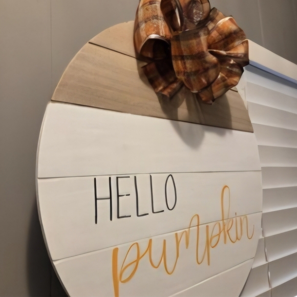 Hello Pumpkin Round Wall Sign with Plaid Bow - Picture 2 of 2